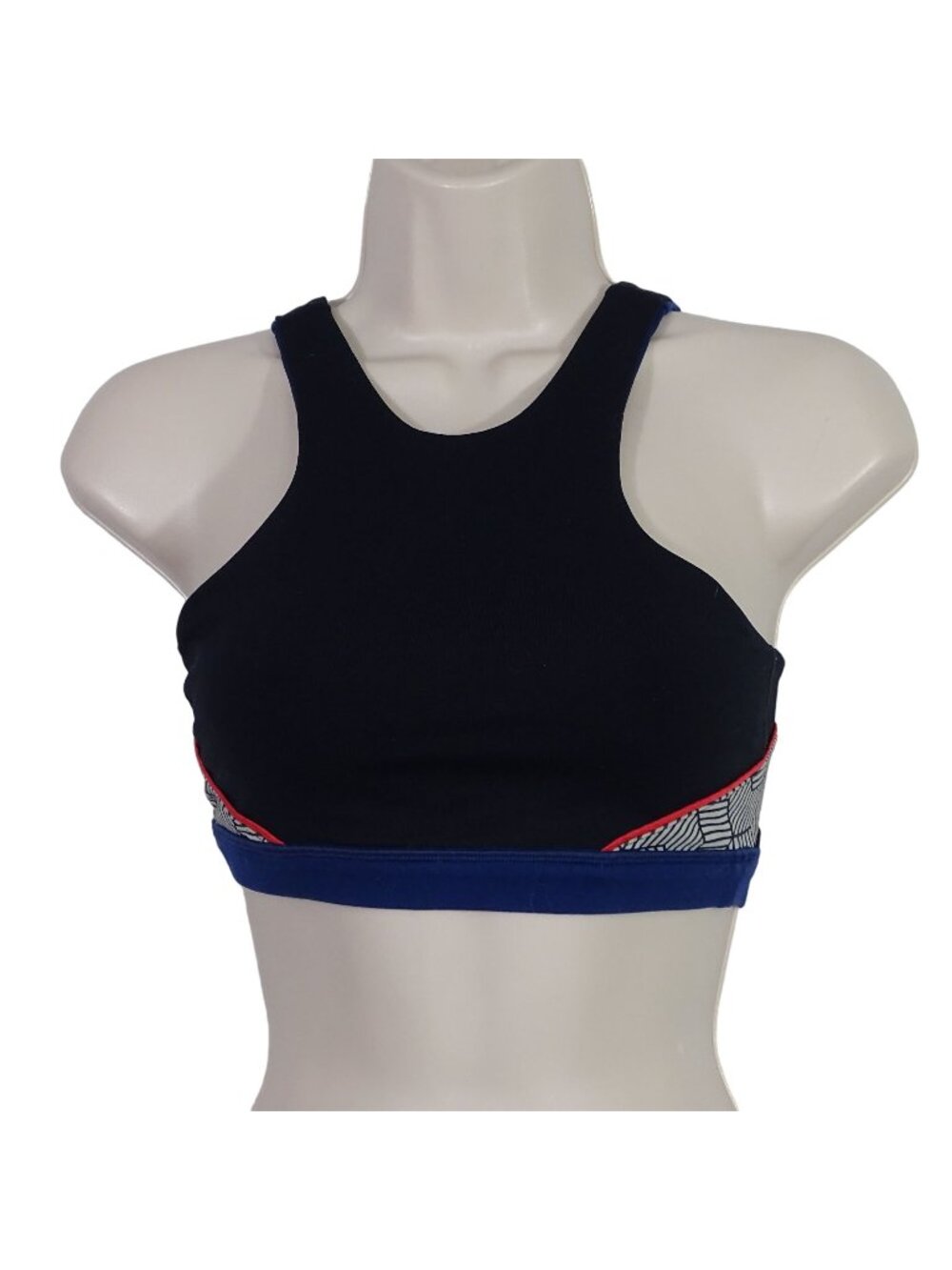 Shape Sports Bra Women Size XS Nylon Spandex Blue Black Geometric Pattern